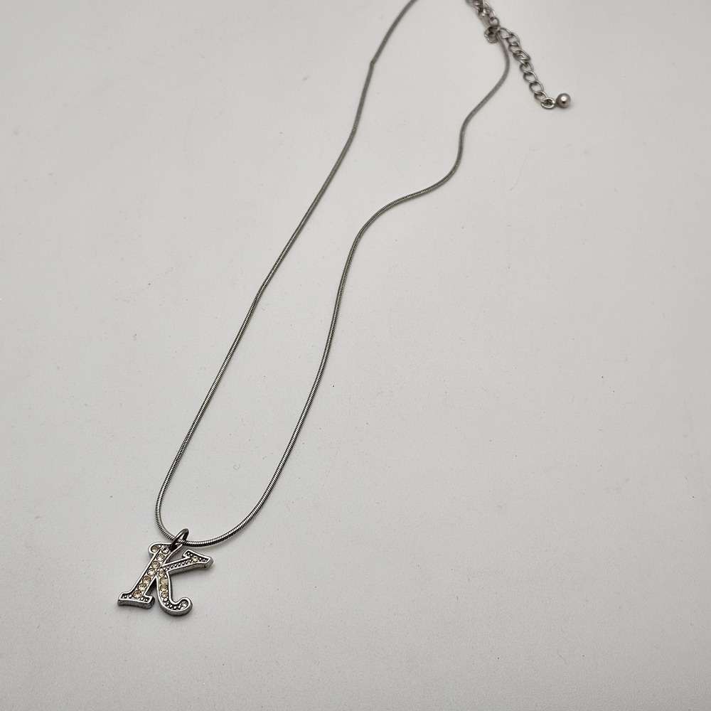 Vintage Avon Silver Tone Rhinestone Letter Initial K Pendant Necklace
